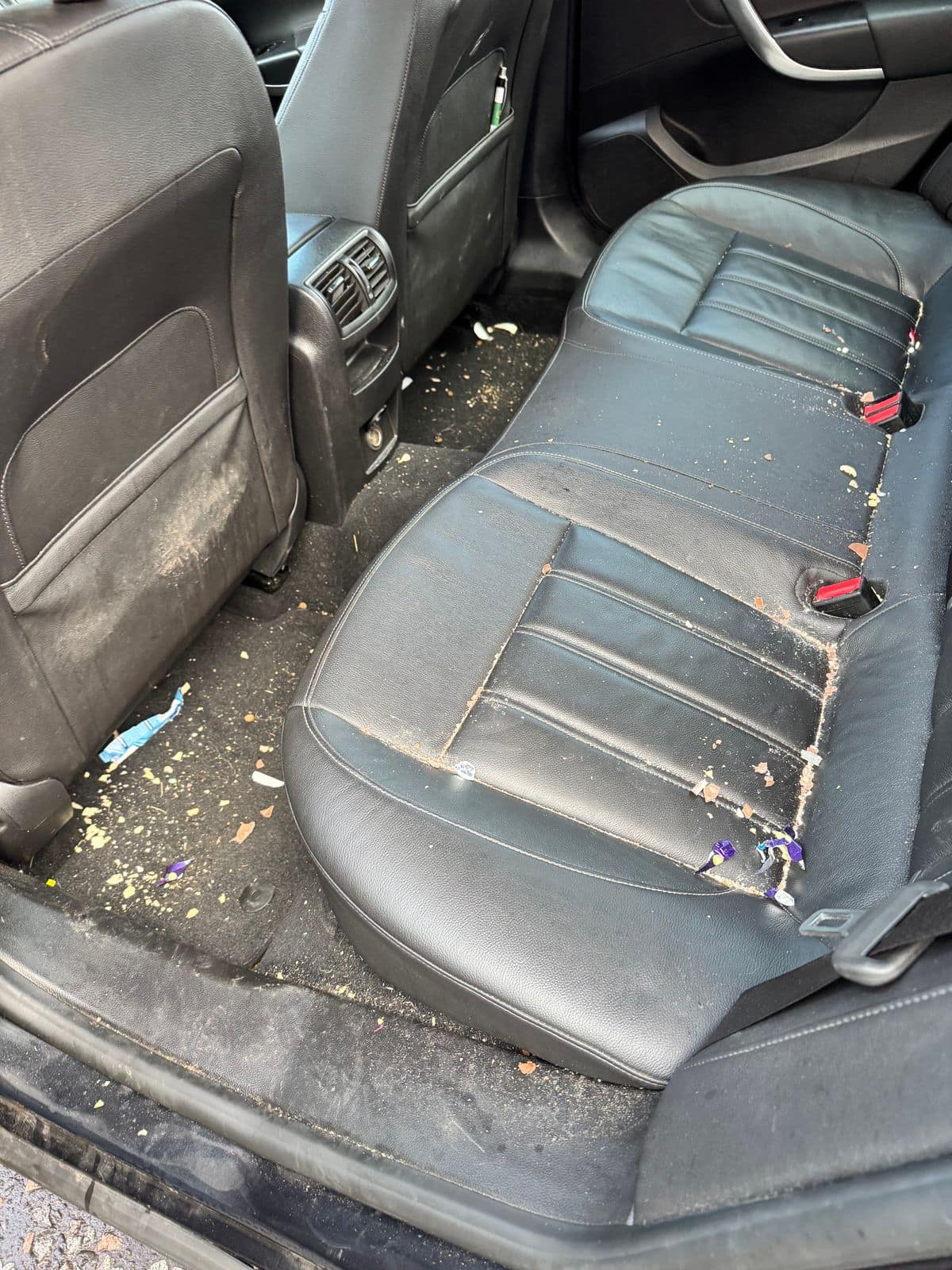 Before: rear leather seats scattered with crumbs and debris